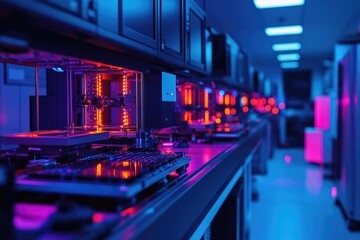 Fototapete - Automated assembly line operating in modern factory with neon lights