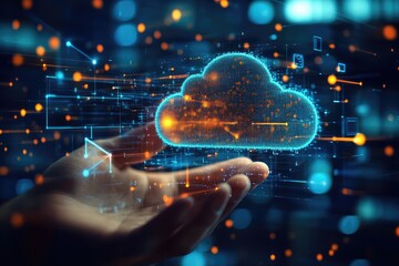 Wall Mural - businessman holding hologram of cloud computing symbol in futuristic dark background