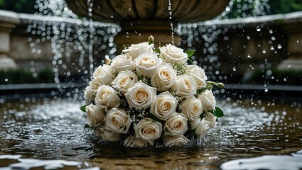 Canvas Print - Bouquet of white roses in a fountain with water splashes and greenery background Copy Space