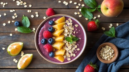 Canvas Print - Healthy smoothie bowl topped with fruits, oats, and mint on wooden table with fresh ingredients and copy space.