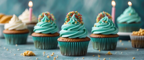 Wall Mural - Colorful cupcakes with aqua frosting and sprinkles on a blue background with birthday candles and scattered crumbs Copy Space