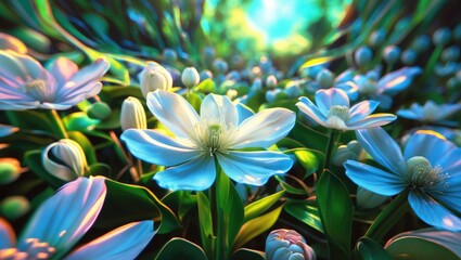 Wall Mural - Vibrant close-up of white flowers in a lush green garden with soft sunlight filtering through leaves providing a dreamy atmosphere Copy Space