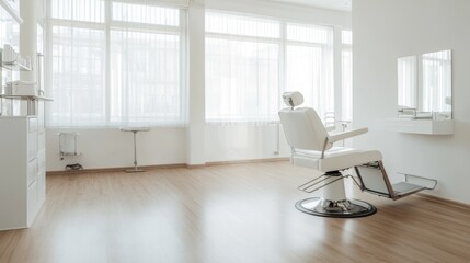 Wall Mural - Modern salon chair, bright room, sunny windows, minimalist interior design