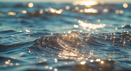 Canvas Print - Close-up of ocean water surface with sunlight reflections creating bokeh effect and gentle waves suitable for backgrounds and textures Copy Space