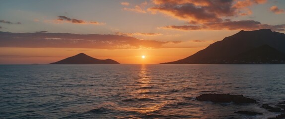 Sticker - Sunset over calm ocean water with silhouetted mountains and islands on the horizon during twilight Copy Space