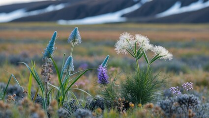 Sticker - Colorful wildflowers in a natural landscape with mountains and distant snow patches during daytime Copy Space