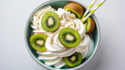 Canvas Print - Fresh whipped cream dessert topped with sliced kiwi fruit and accompanied by decorative straws in a bowl with copy space.