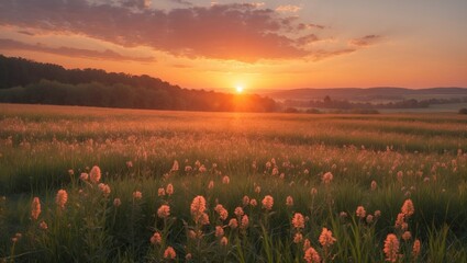 Wall Mural - Sunset over a picturesque field filled with blooming wildflowers, soft warm light creating a serene atmosphere, Copy Space available.