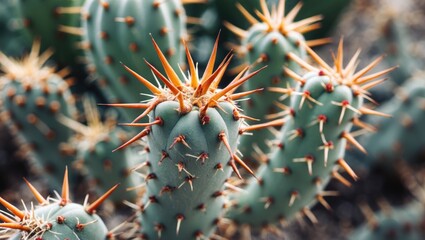 Wall Mural - Close-up view of a cactus with sharp spines on its green surface with natural background and Copy Space for text placement