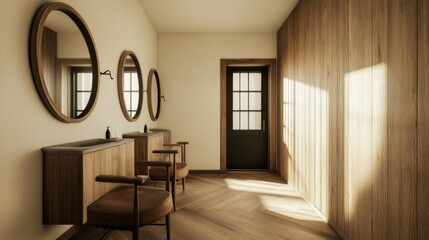 Wall Mural - Sunlit modern spa hallway with wooden walls