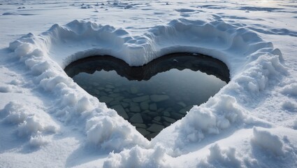 Wall Mural - Heart-shaped opening in snow revealing dark water beneath, surrounded by white snow, winter landscape, natural formation, Copy Space.