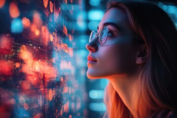 Software engineer analyzing code projected on futuristic transparent display in data center control room
