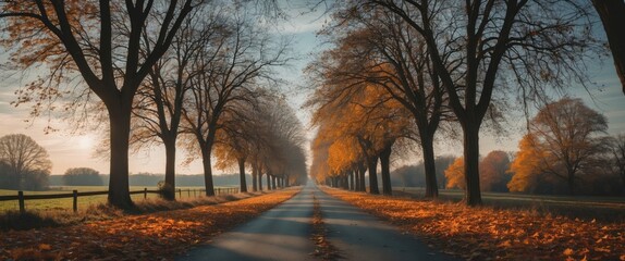 Wall Mural - Autumn landscape with tree-lined road covered in orange leaves and soft light in the background Copy Space