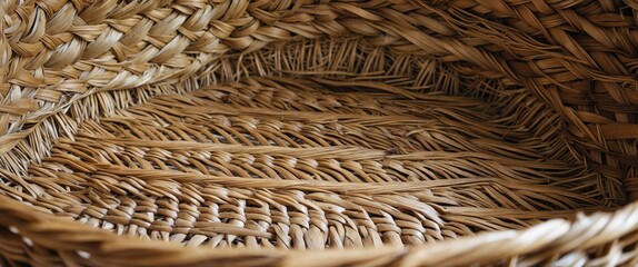 Poster - Woven wicker basket interior texture close up with natural fibers and empty space for design or text