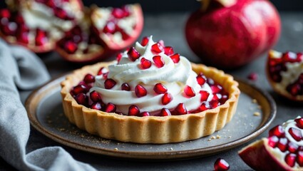 Wall Mural - Pomegranate tart topped with whipped cream and pomegranate seeds on a rustic plate with whole and halved pomegranates in the background