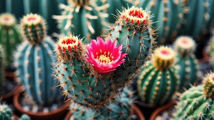 Wall Mural - Colorful cacti with pink flowers in pots showcasing a variety of shapes and textures Copy Space