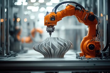 Fototapete - Robotic arm working on futuristic object in modern factory