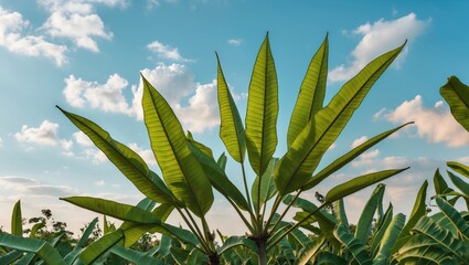 Sticker - Tropical green leaves against a bright sky with clouds showcasing natural beauty and organic growth Copy Space