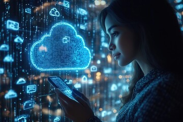 Wall Mural - businesswoman using smartphone managing cloud computing data storage services