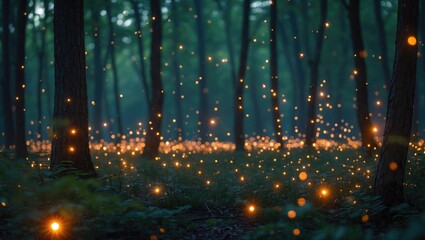 Wall Mural - Magical forest scene with glowing fireflies at dusk creating a mystical atmosphere surrounded by trees and soft green foliage with Copy Space