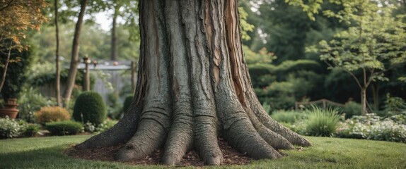 Large textured tree trunk and expansive roots in a well-manicured garden with soft grass and lush greenery Copy Space