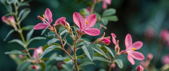 Canvas Print - Delicate pink flowers with green leaves in a natural setting featuring blurred background with ample Copy Space for text