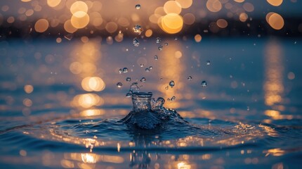 Sticker - Water splash with droplets captured in a serene lake during sunset with bokeh light reflections and Copy Space for text