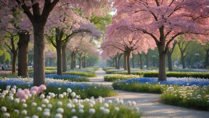 Canvas Print - Blossoming cherry trees lining a picturesque pathway with vibrant floral beds creating a tranquil spring scene Copy Space