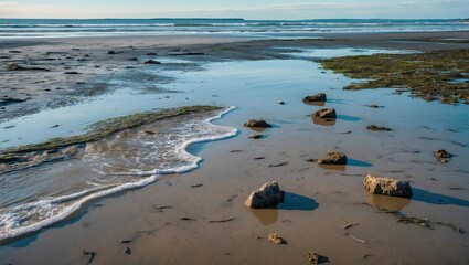 Wall Mural - Serene beach landscape with gentle waves and scattered rocks on wet sand during low tide Copy Space