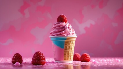 Canvas Print - Ice cream cone with raspberry swirl and fresh raspberries on pink background with copy space.