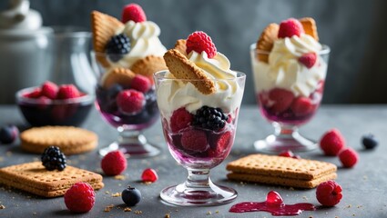 Sticker - Dessert cups filled with raspberries, blackberries, cream, and biscuit cookies on gray background with copy space