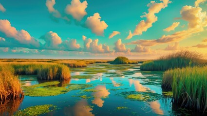 Wall Mural - Vibrant wetland landscape with lush green reeds under a colorful sky and reflective water during sunset, ideal for nature themes Copy Space