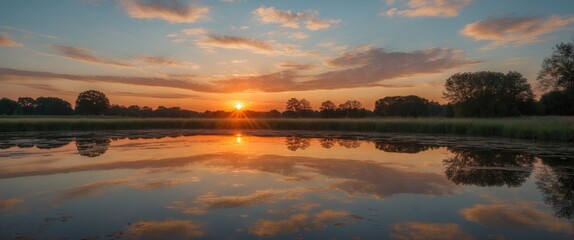 Sticker - Sunrise over tranquil lake reflecting colorful clouds and vibrant sky in serene natural setting with lush green landscape and copy space