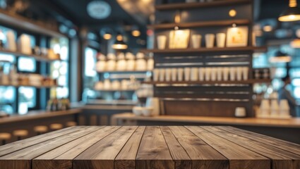 Canvas Print - Wooden Table Surface in Front of a Blurred Coffee Shop Interior with Shelves and Decorative Lighting Copy Space