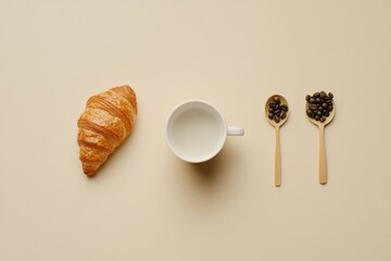 Aufkleber - Delicious croissant with coffee beans and a cup arranged in a flat lay on a beige background for a morning treat. Generative AI