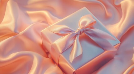 Elegant pink gift box wrapped in satin ribbon on silky fabric background