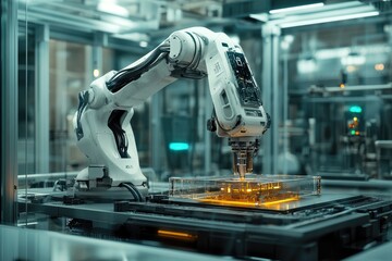 Poster - Robotic arm working on microchip production line in modern factory