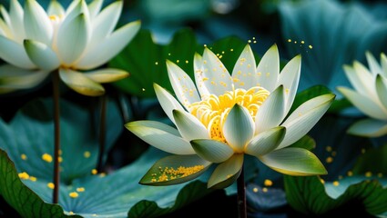 Sticker - White lotus flowers blooming on green leaves in tranquil water setting with pollen details and vibrant colors Copy Space