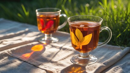 Sticker - Two cups of herbal tea with leaf decorations on sunny grass background with soft fabric and natural lighting Copy Space