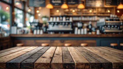 Sticker - Wooden Table in Coffee Shop with Blurred Background and Copy Space for Text