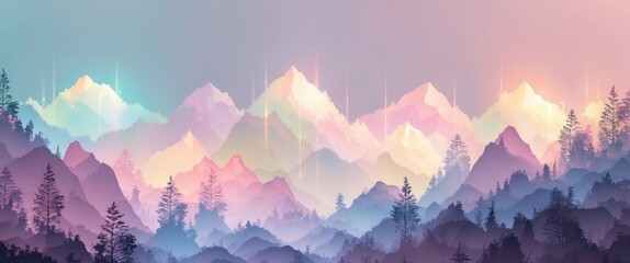 Wall Mural - Abstract landscape with layered pastel mountains and forest silhouettes at sunset, soft colors and copy space for text