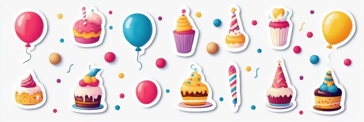 Aufkleber - Colorful festive stickers of balloons, cakes, and party decorations for celebration and fun events. Generative AI