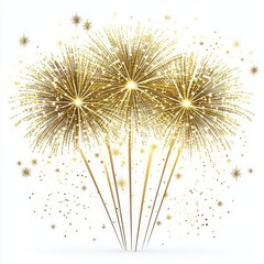 Three golden fireworks explode against white background, radiating outwards with numerous sparkling golden streaks and small golden particles scattered around them. Fireworks stems converge at bottom