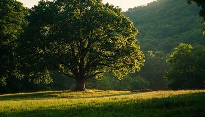 Wall Mural - Majestic tree basking in golden light, foreground grass, hillside in background