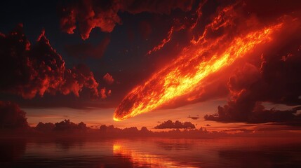 Wall Mural - fiery meteor hurtles through sunset sky over tranquil ocean for doomsday concept