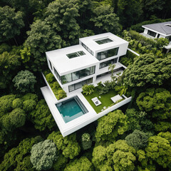 Wall Mural - Modern white house blending seamlessly into lush green forest, evoking sense of tranquil luxury and architectural harmony