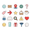 © sasa_elebea - Colorful Vector Icon Set for Web with Globe, Mail, Check, Location, Sale, Arrow, Star, Coffee, Profile, Search, Warning, Heart, Smile, Phone, Present, Funnel and Bubble