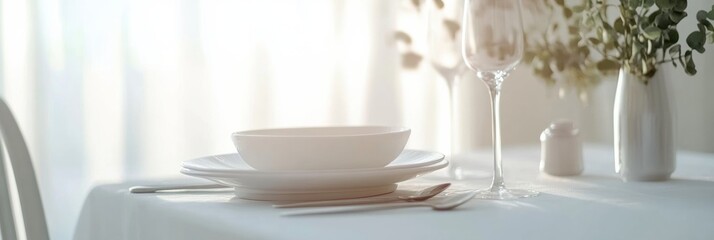 Poster - Elegant dining setting with white plates and glassware in a softly lit environment featuring natural elements. Generative AI