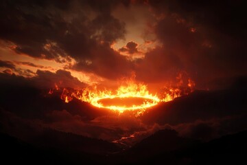 Wall Mural - ring of fire burning during sunset. the sky is burning in the background