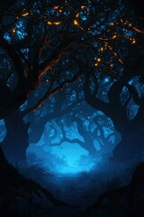 Wall Mural - Eerie dark forest landscape, glowing lights, mystical mood, nature background for digital